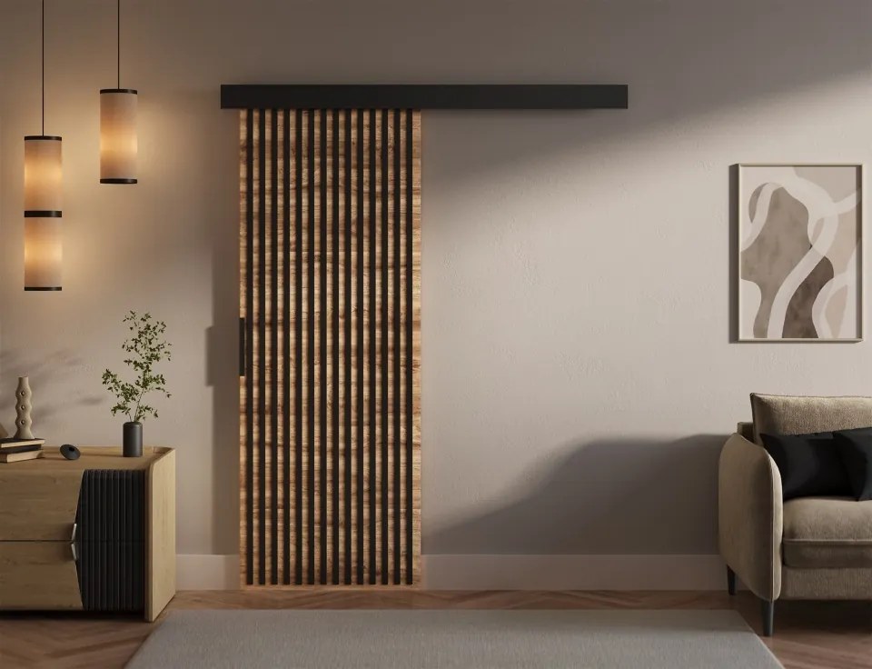 Ușă glisantă Perion – 76x1.6x205 cm – Stejar Wotan / Negru