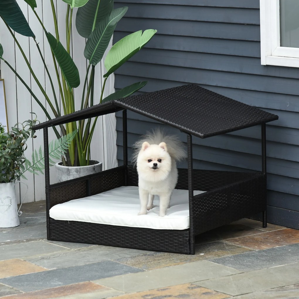 PawHut Pat Ratan pentru Câini cu Acoperiș pentru Exterior, Pat ridicat pentru câini mici și medii, Pat răcoros pentru Animale de Companie cu Cadru din Metal, Pat pentru Exterior, 69 x 98 x 70 cm, Cafea-Brun | Aosom Romania