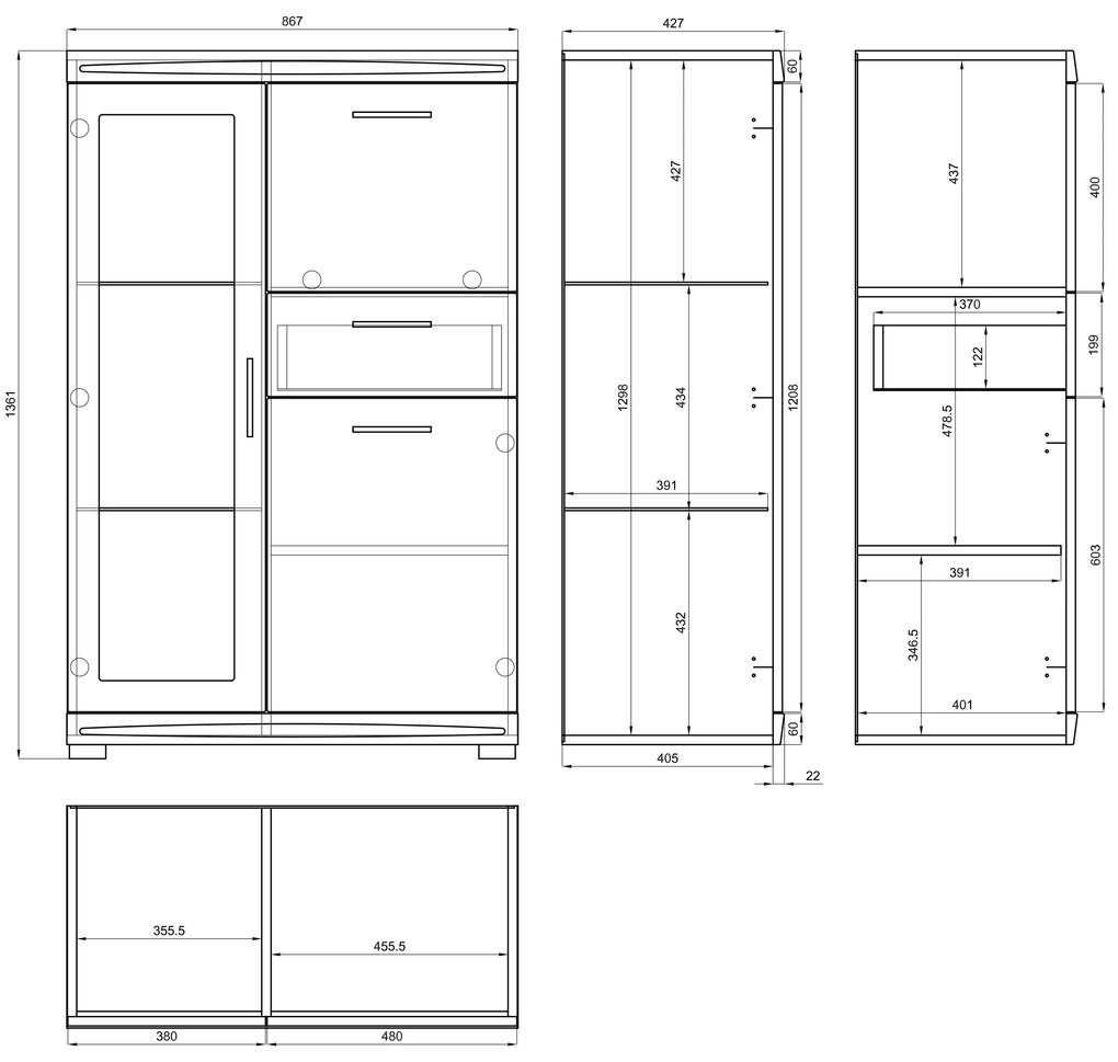 Mazzoni Comodă SIMPLE KWD3SZ1 Beton Millennium/Alb Luciu - VITRINA DULAP CU RAFTURI PENTRU LIVING STICLĂ CU LUCIU