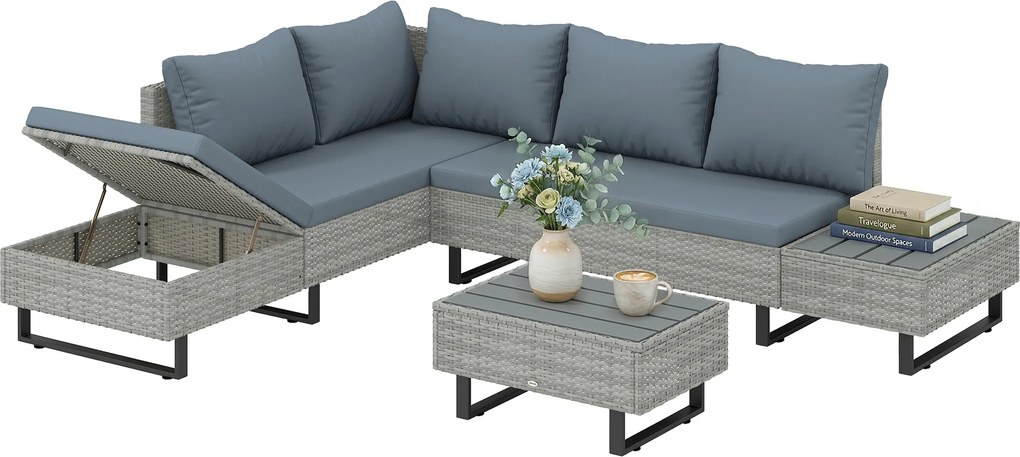 Outsunny Set Mobilier de Grădină 3 Piese din Ratan, Canapea Colțar în L cu Spătar Reglabil și Masă Imitatie Lemn, Gri | Aosom Romania