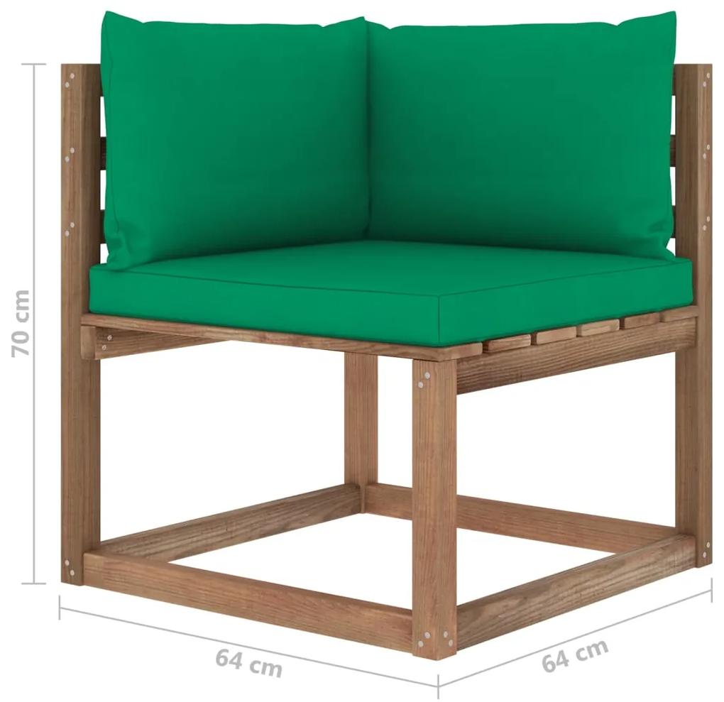Set mobilier gradina paleti cu perne, 5 piese, lemn pin tratat Verde, Colt + 2x mijloc + 2x suport pentru picioare, 1