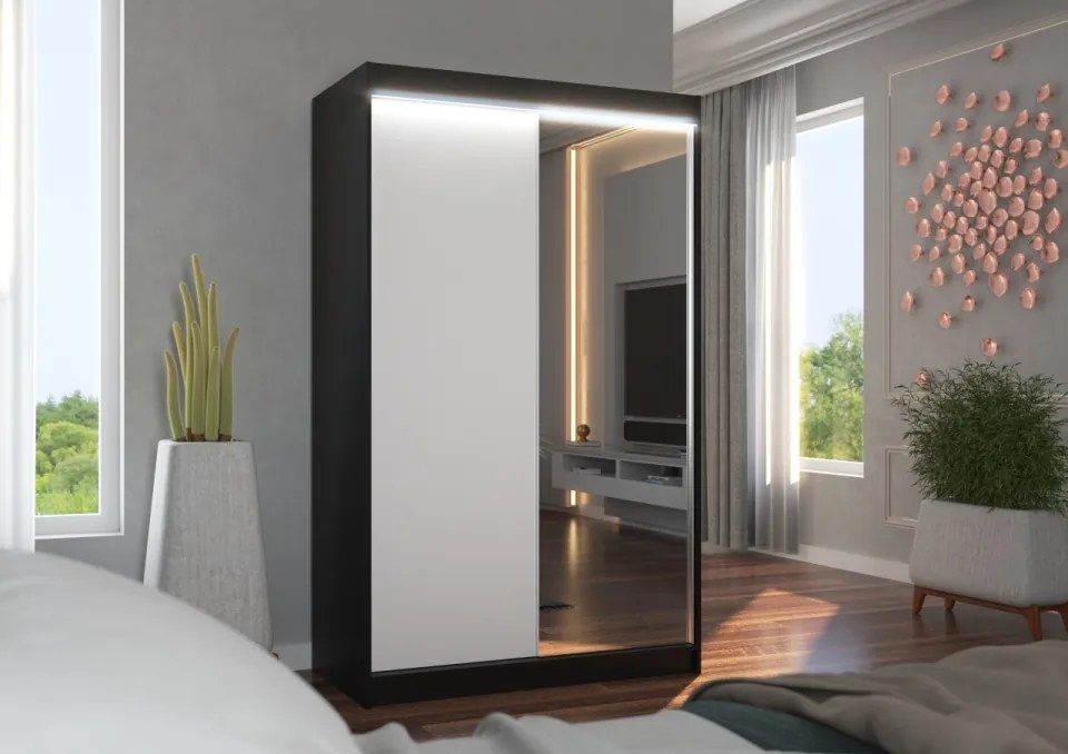 Dulap cu usi glisante si oglinda + iluminare LED, Rewena 120 + LED, 120 cmx200 cmx58 cm, ADRK Furniture (Culoare: Sonoma / Alb)