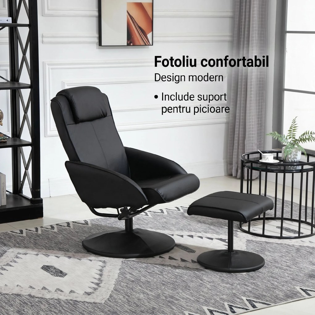 HOMCOM Fotoliu reclinabil de relaxare cu otoman pentru picioare si tapiterie din piele artificiala, 71x78x101cm, negru | Aosom Romania