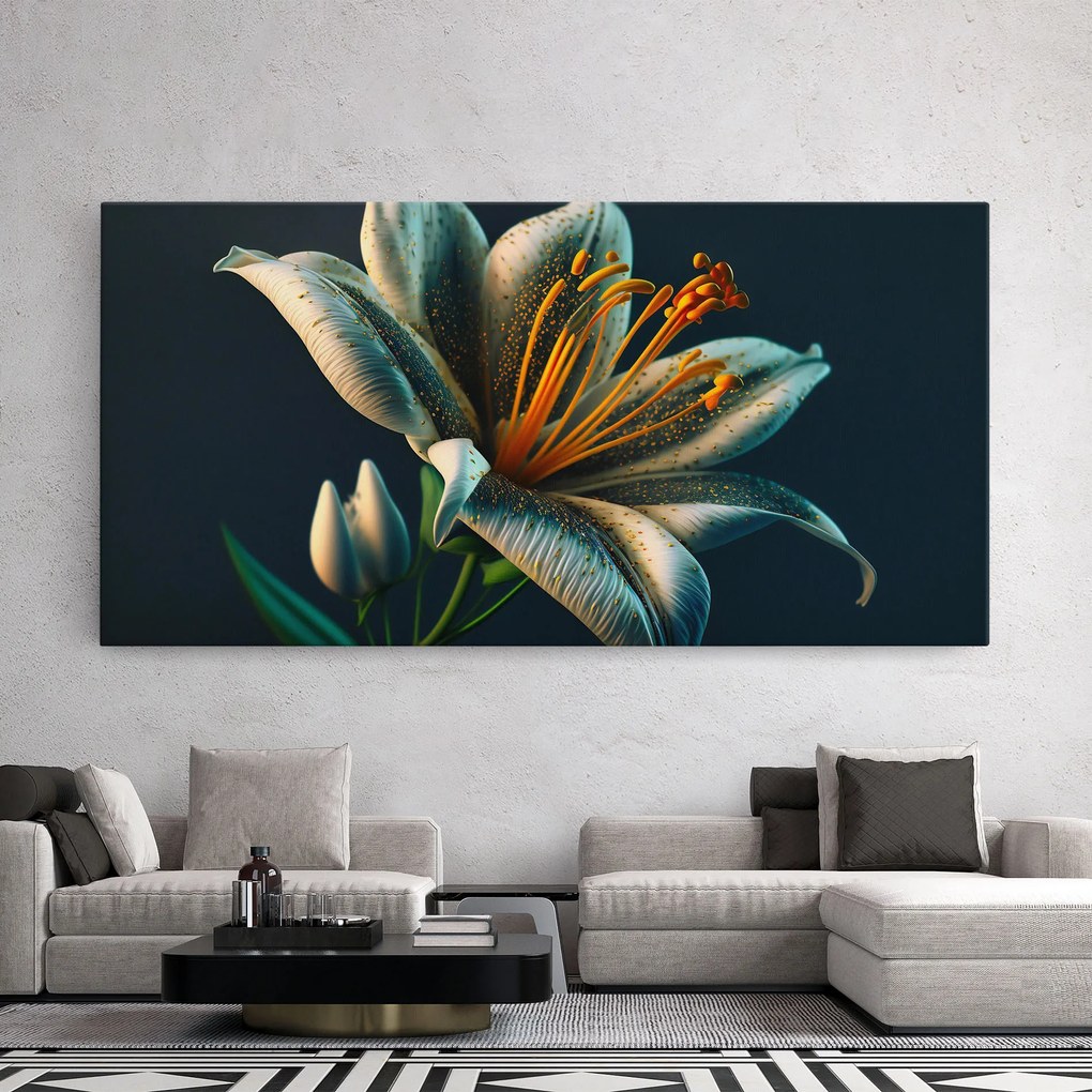 Tablou Canvas, 50x100cm, Dormitor si Living, Flori, Crini, Blue Grey Lily