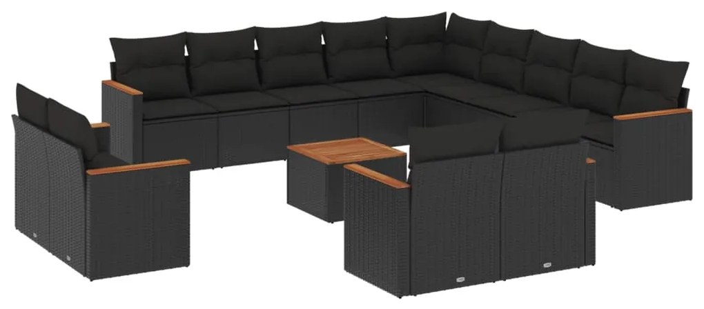 3258933 vidaXL Set mobilier de grădină cu perne, 14 piese, negru, poliratan