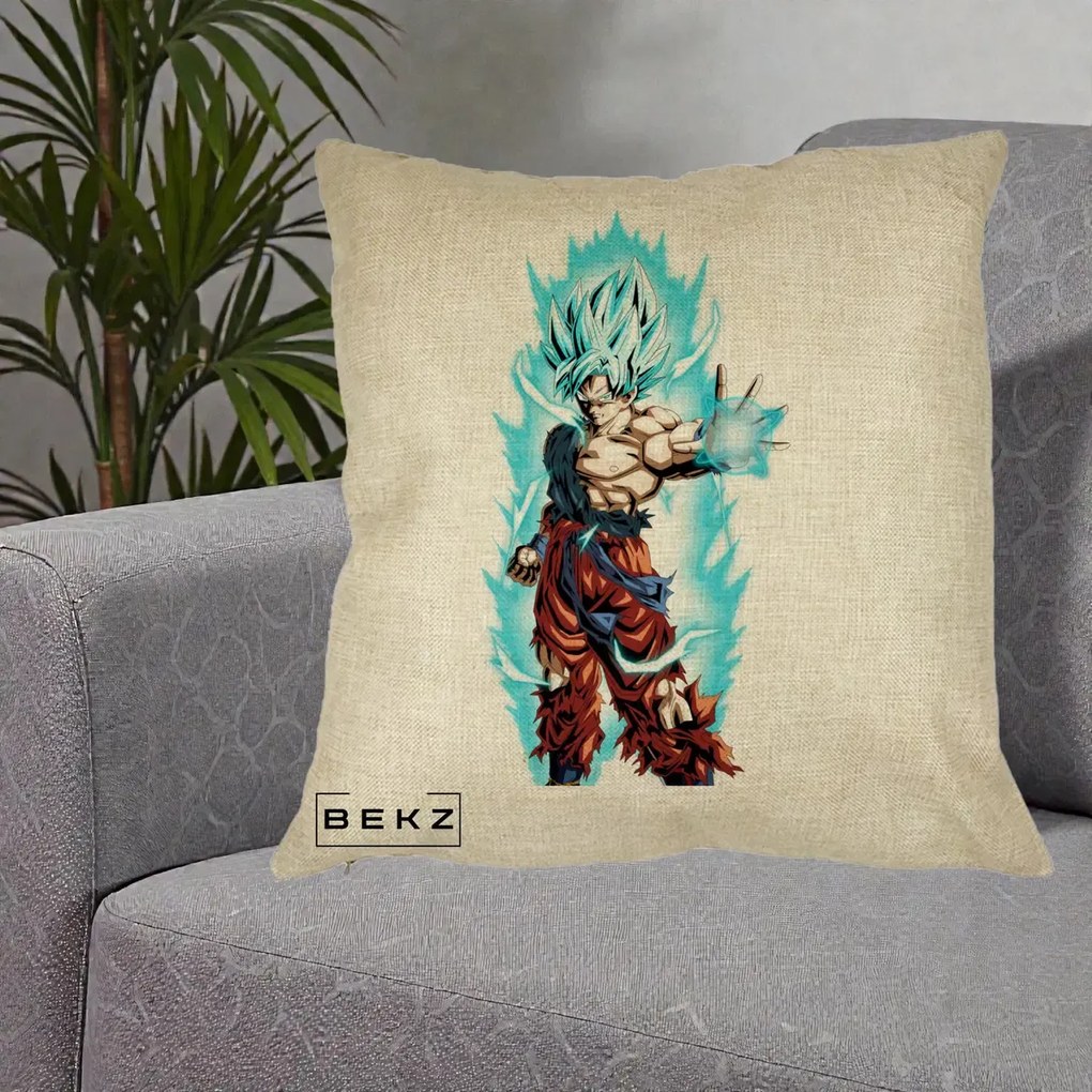 Perna Personalizata Dragon Ball Goku Ultra Instinct Blue, 40x40 cm, Crem, Husa Detasabila, Perna Inclusa, BEKZ®