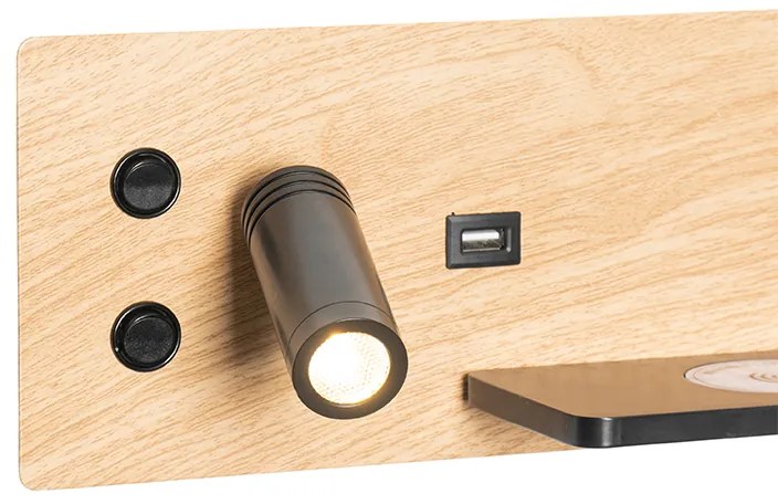 Set de 2 aplice negre cu lemn incluzând LED cu USB și încărcător prin inducție - Riza