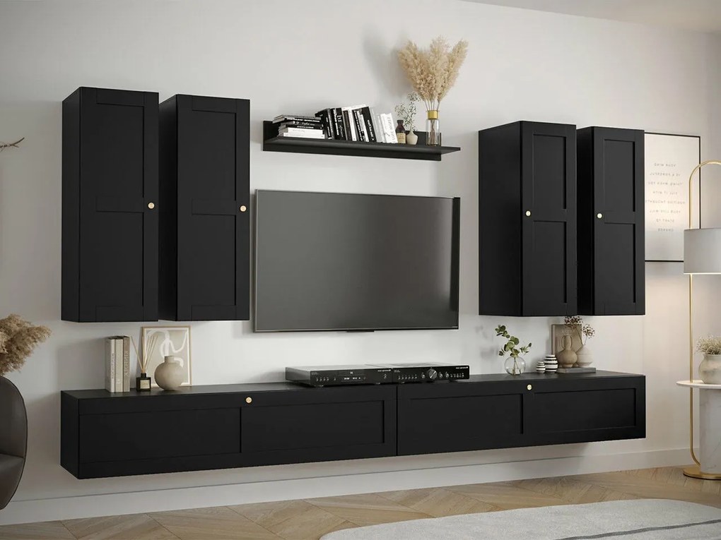 Mobilă pentru sufragerie Hartford G107 (Negru)Negru, Cu componente suplimentare, Părți separate, Cu comodă tv, MDF, PAL laminat, 300x40cm, 45 kg