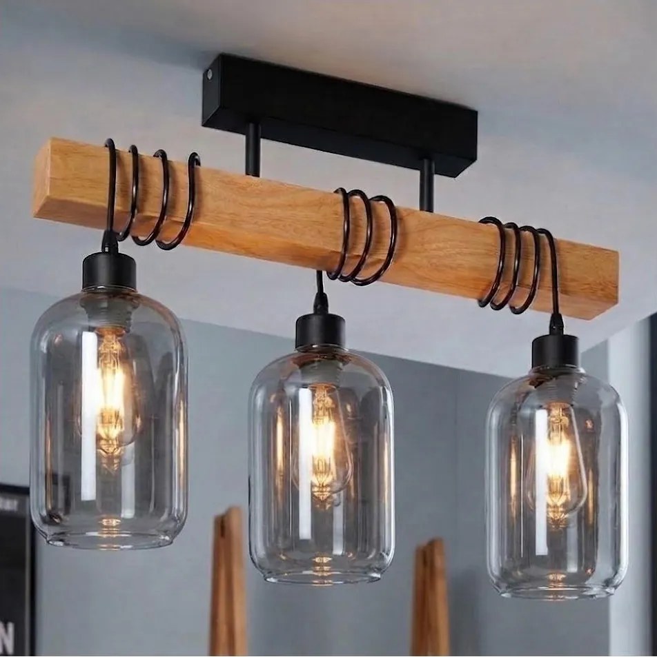 Brilagi - Lustră aplicată WOOD GLASS 3xE27/60W/230V pin/negru/gri fumuriu