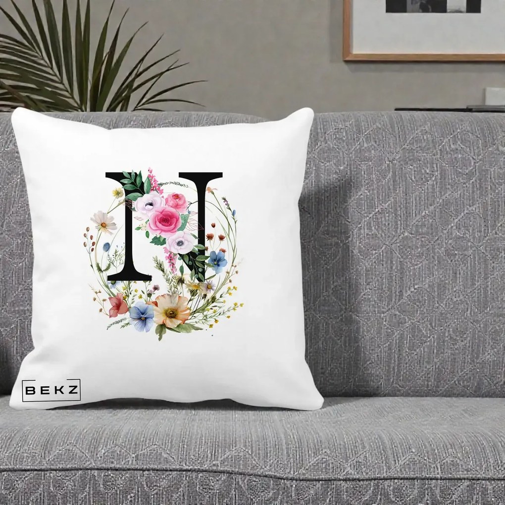 Cadou Personalizat - Perna Personalizata Monogram Litera N cu Flori Acuarela, 40x40 cm, Alba Mata, Husa Detasabila, Perna Inclusa, BEKZ®