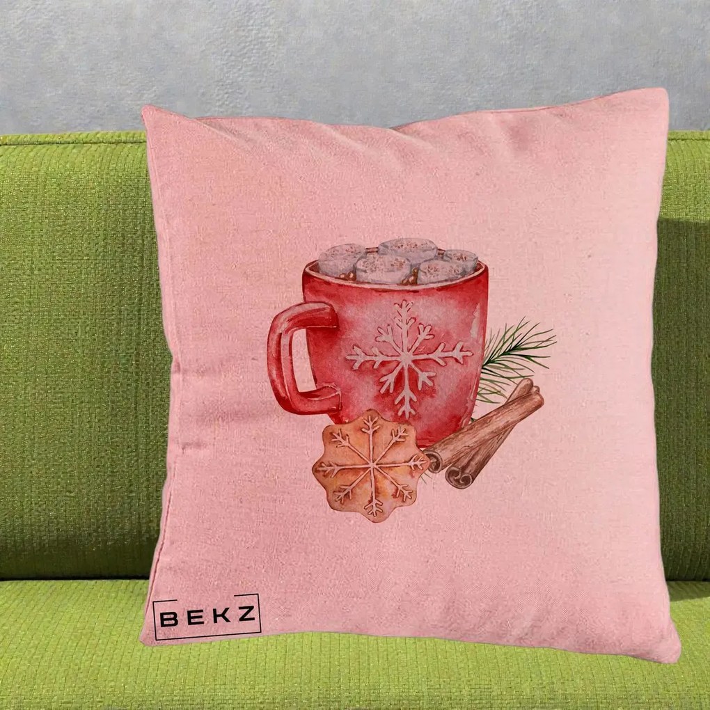 Perna Decorativa Cacao de Iarna cu Biscuit, 40x40 cm, Roz, Husa Detasabila, Perna Inclusa, BEKZ®