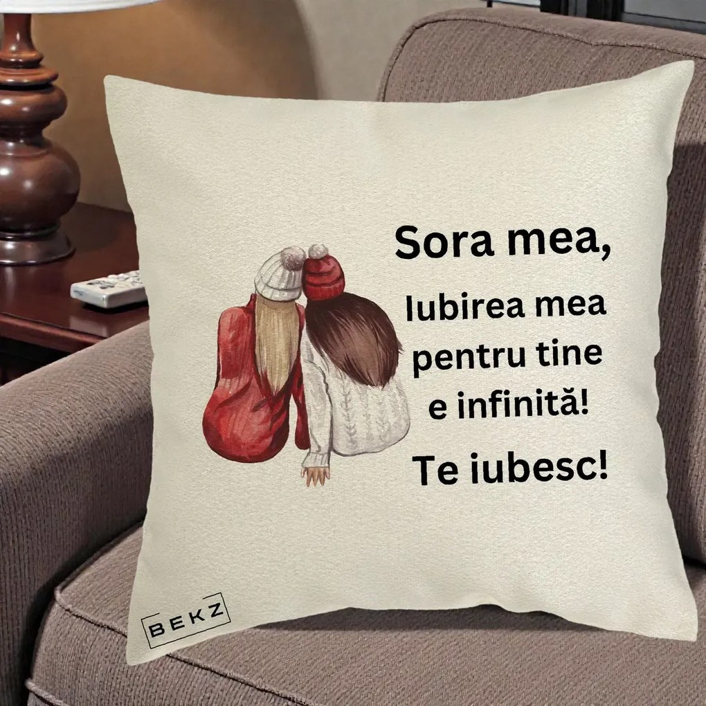 Cadou pentru Sora - Perna Personalizata Sora Mea Te Iubesc Doua Fete Iarna Acuarela, 40x40 cm, Ecru, Husa Detasabila, Perna Inclusa, BEKZ®