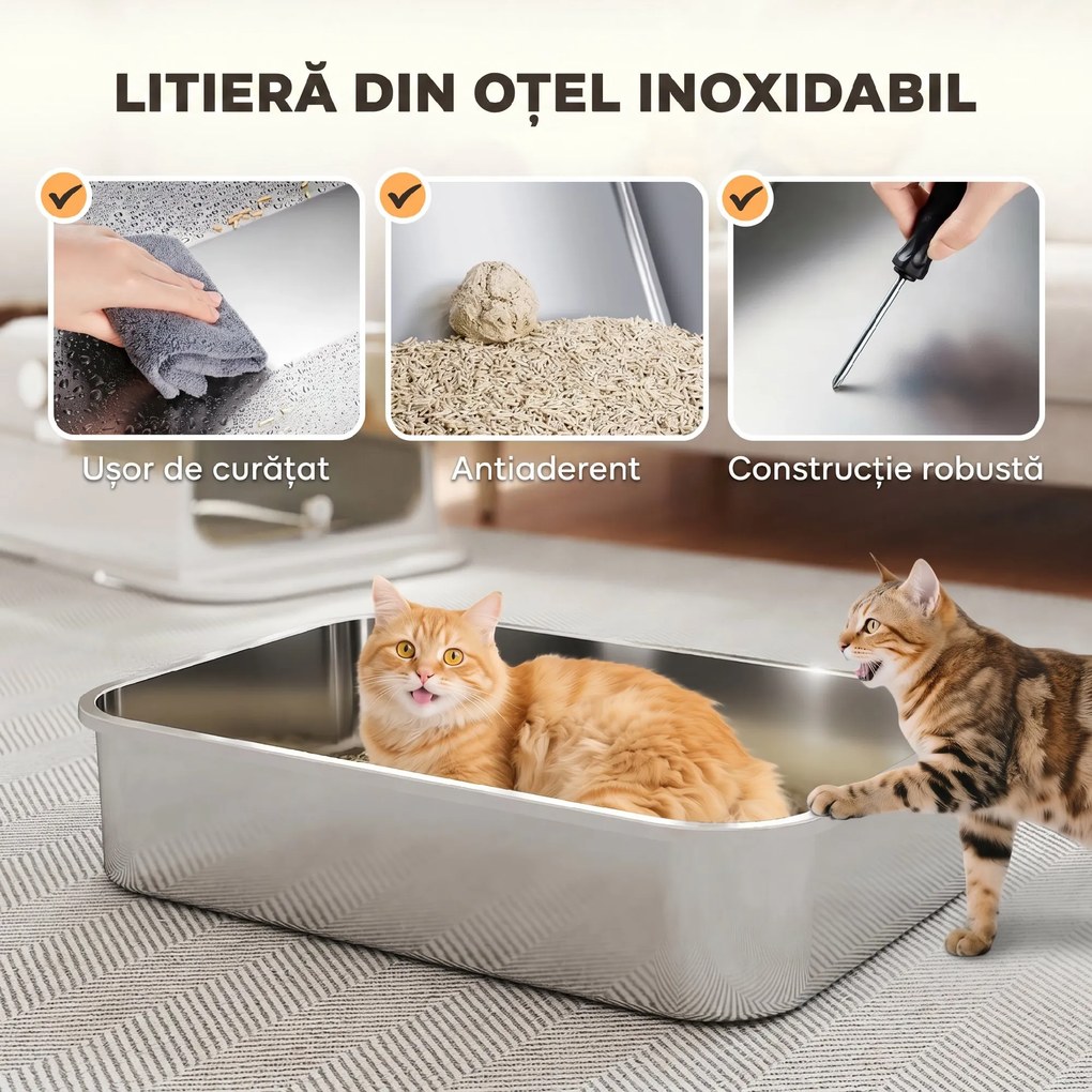 PawHut Litieră Închisă pentru Pisici din Oțel Inoxidabil, 52 L, cu Capac Rabatabil, Ușă Dublă și Lopățică, Alb | Aosom Romania
