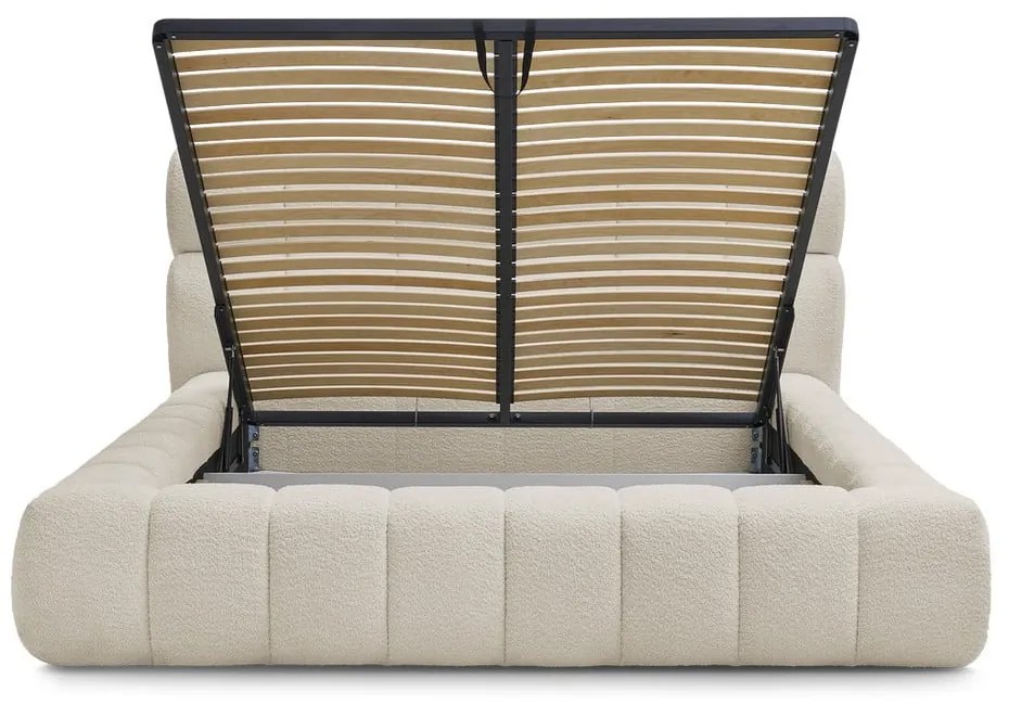 Pat matrimonial bej tapițat cu spațiu de depozitare cu somieră 180x200 cm Mont Blanc – Bobochic Paris