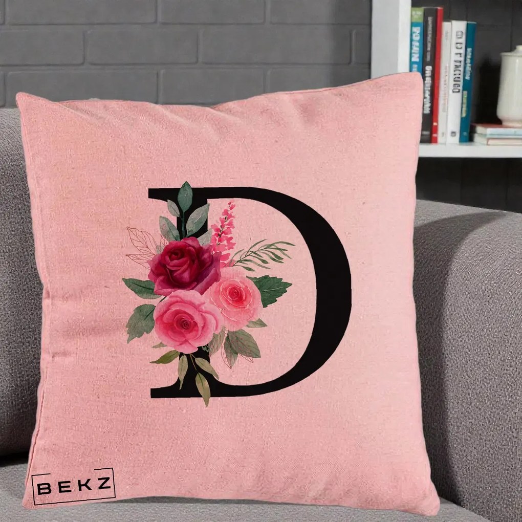 Cadou Personalizat - Perna Personalizata Monograma Florala Litera D, 40x40 cm, Roz, Husa Detasabila, Perna Inclusa, BEKZ®