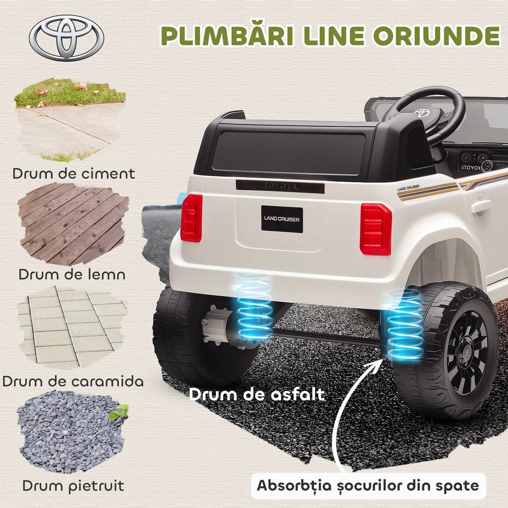 AIYAPLAY Mașină Electrică pentru Copii TOYOTA Land Cruiser 12V cu Telecomandă, Vârsta 3-6 Ani, Alb | Aosom Romania