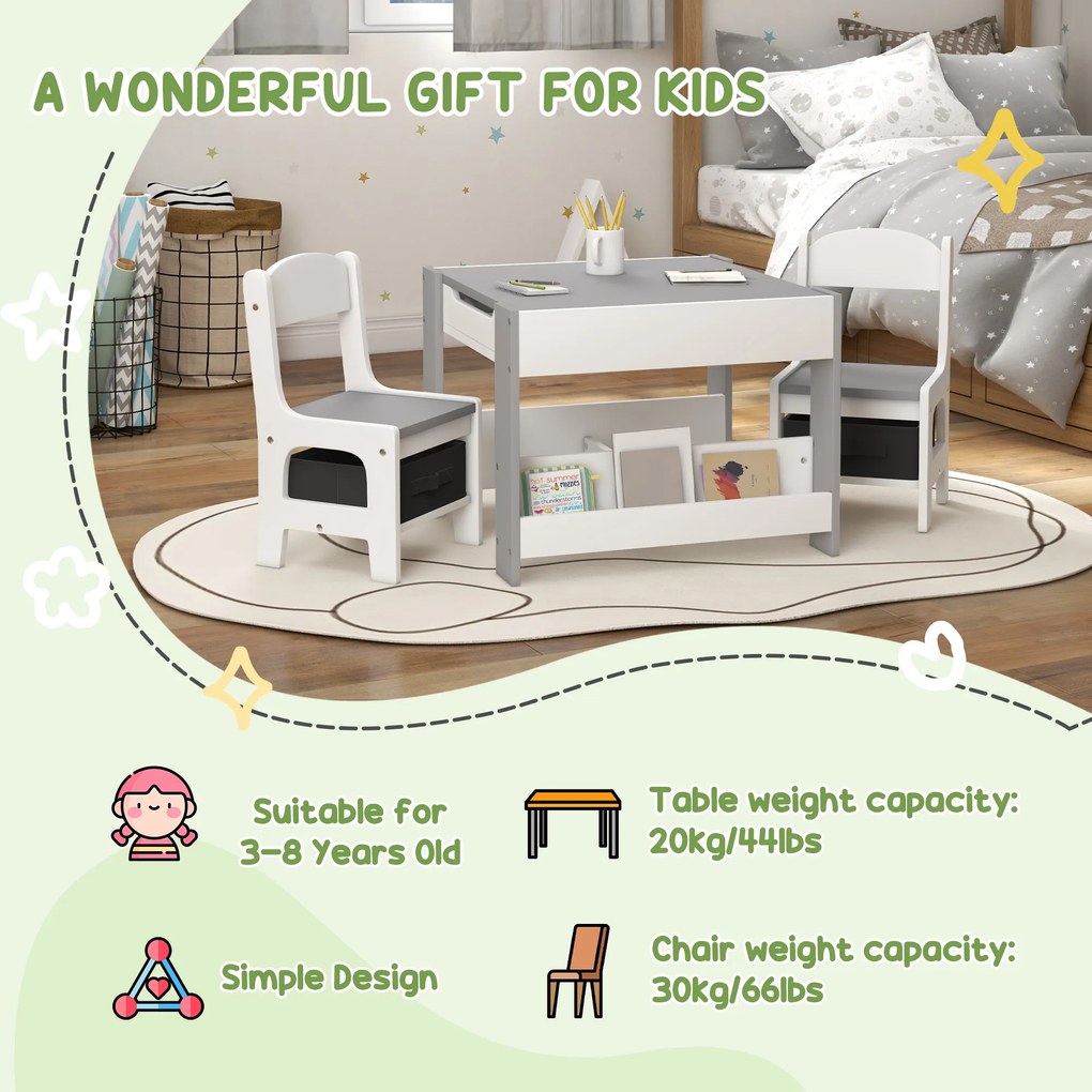 HOMCOM Set de Masă și Scaun pentru Copii, Set de Birou și Scaun pentru Copii 2-în-1 cu Tablă și Rafturi pentru Cărți, 61.5x61.5x48 cm, Gri | Aosom Romania