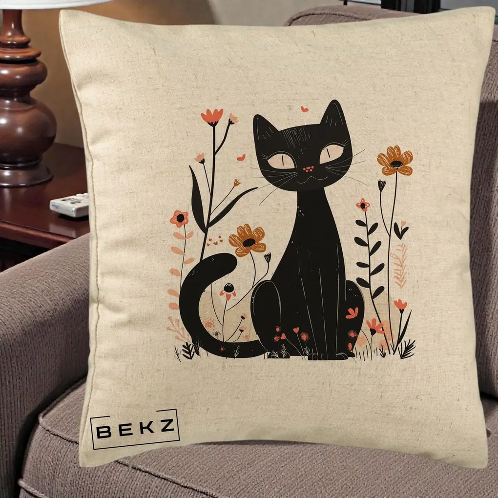 Perna Decorativa Pisica Neagra Flori Pastel Folk, 40x40 cm, Bej, Husa Detasabila, Perna Inclusa, BEKZ®
