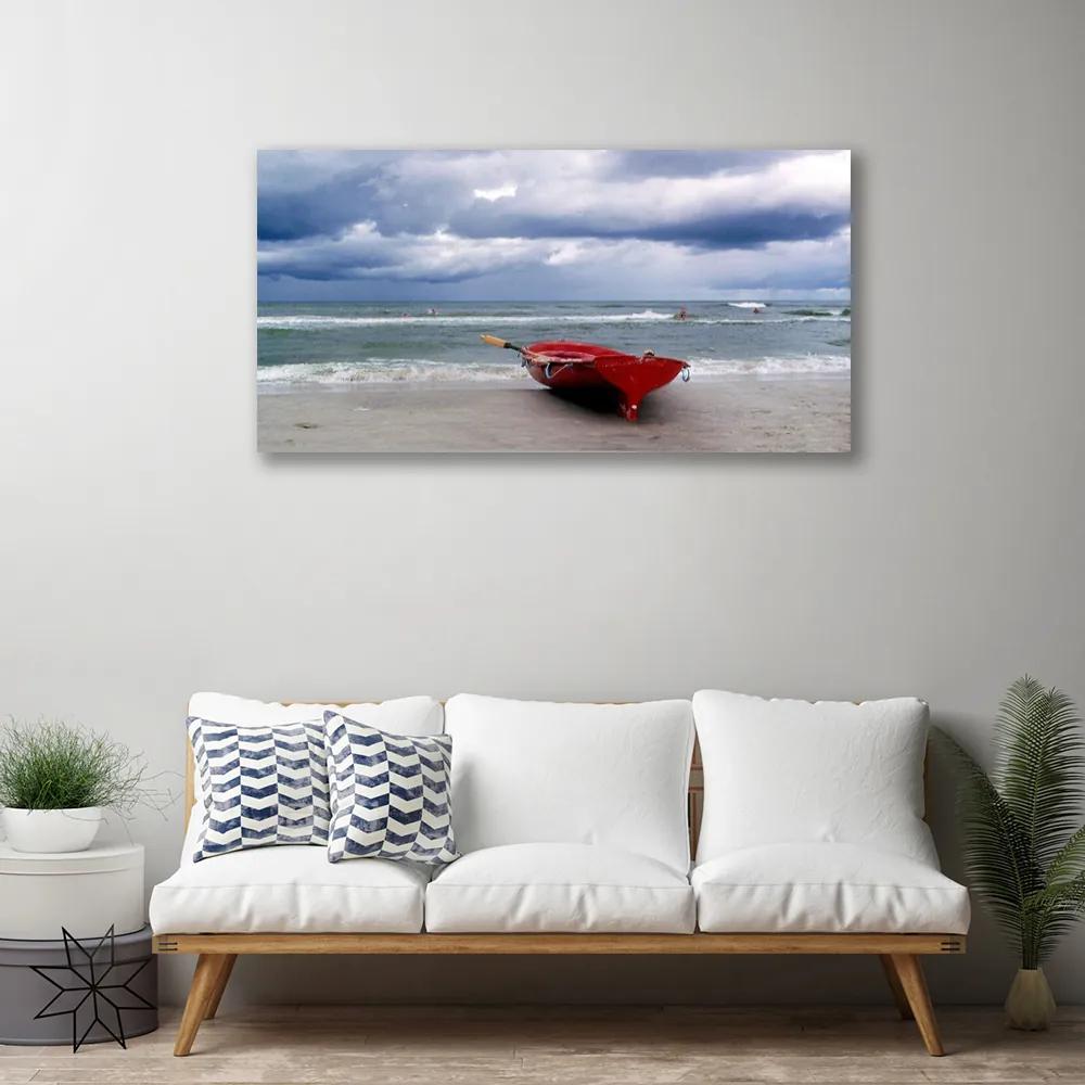 Tablou pe panza canvas Barca Sea Beach Peisaj Roșu Gri Albastru