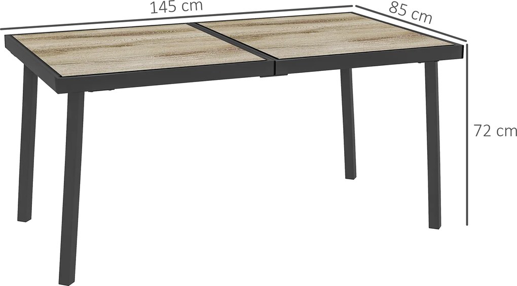 Outsunny Masă de Patio, Masă de Balcon, Masă de Dining pentru Exterior 145 x 85 cm pentru 6 Persoane cu Efect de Lemn, Cadrul din Oțel, Gri | Aosom Romania