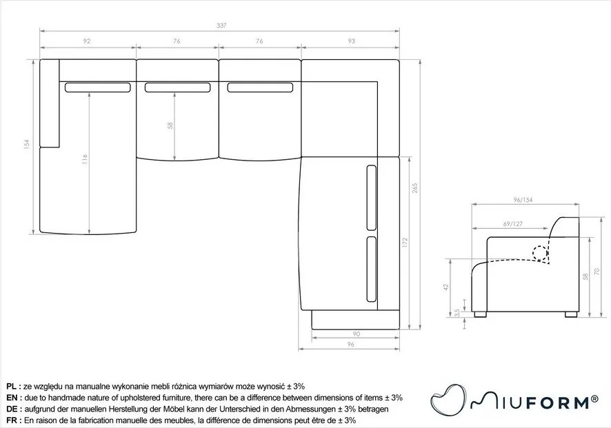 Colțar gri deschis (cu colț pe partea dreaptă/în formă de "U") Flex Felix – Miuform