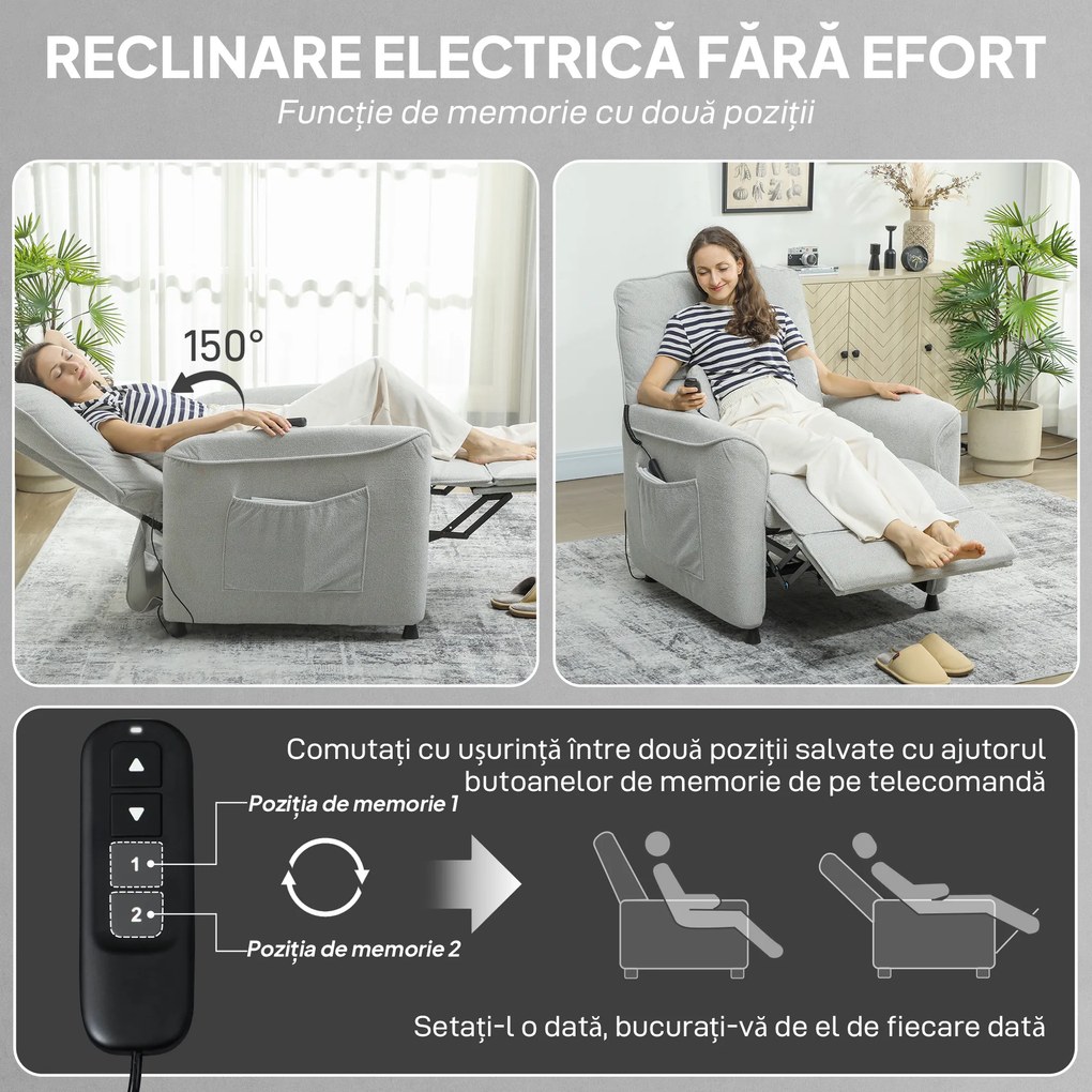 HOMCOM Fotoliu Relax Electric cu Masaj și Încălzire, Silențios, Reclinabil 150° în Cinilă cu Pernă, Funcție de Memorie, 2 Telecomenzi, Suport pentru Picioare pentru Living și Birou, Gri | Aosom Romania