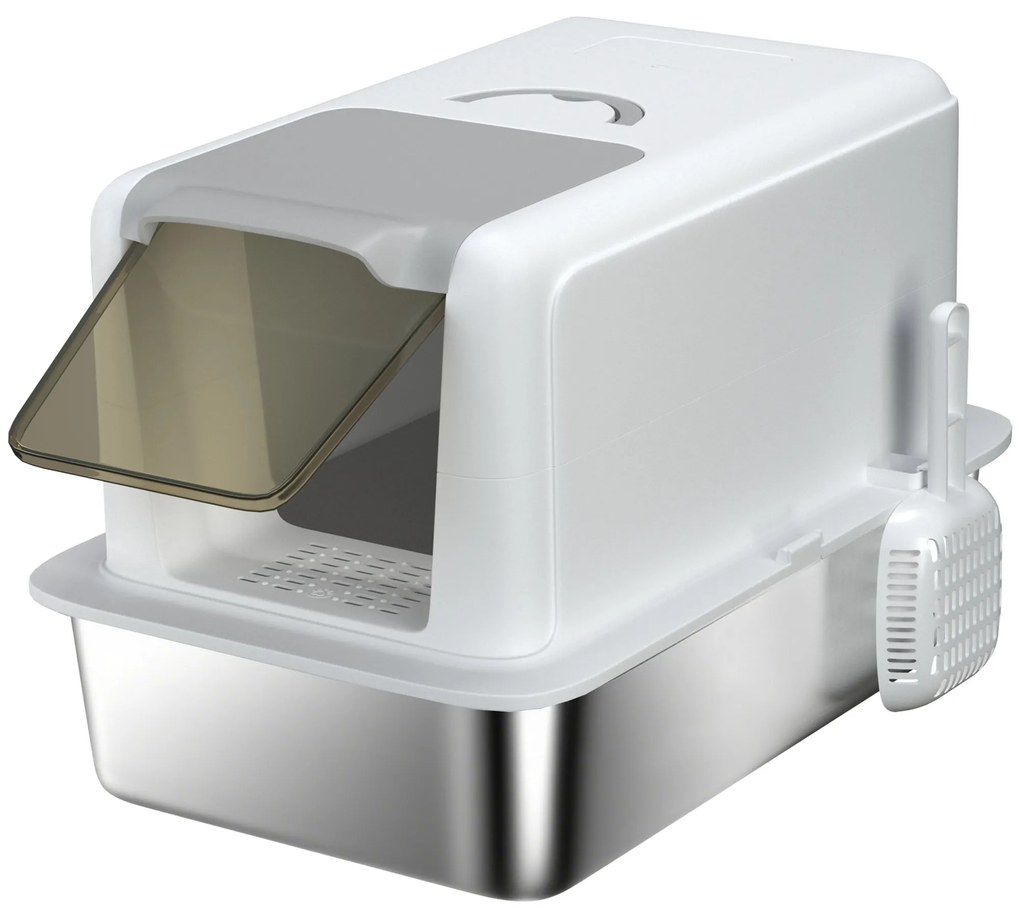 PawHut Litieră pentru pisici închisă cu tavă din oțel, lopățică și pungi filtrante, din PP, 40.5x60.5x41.5 cm | Aosom Romania