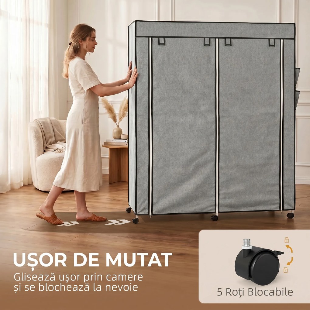 HOMCOM Dulap Textil Portabil in Material Nețesut și Oțel, cu Roți, 10 Compartimente și 2 Bare pentru Umerașe, Gri Închis | Aosom Romania