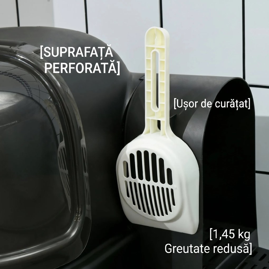 PawHut Litieră pentru Pisici cu Capac, Tavă Detașabilă și Capac Rabatabil și Lopățică Inclusă, 52x60x42 cm, Gri Închis | Aosom Romania