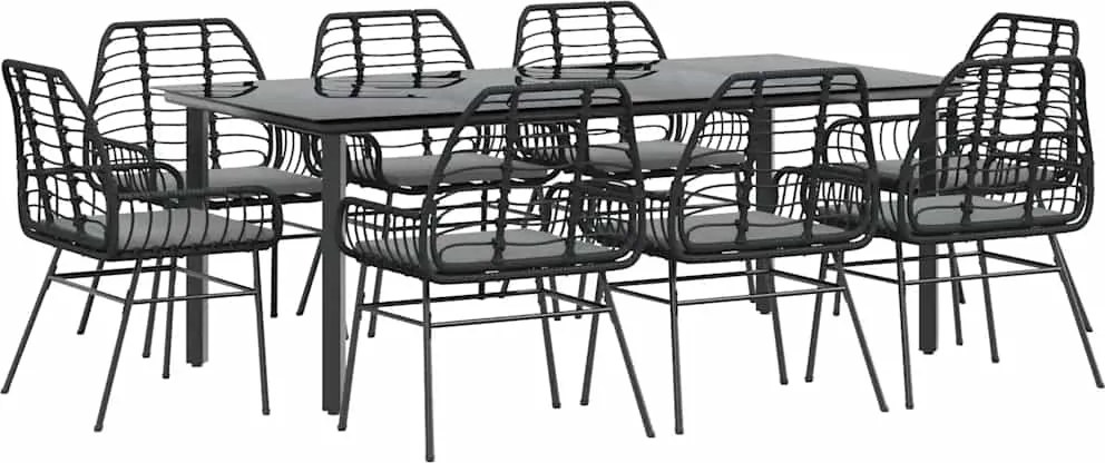 vidaXL Set de sufragerie de grădină 9 piese neagră sticlă polirattan