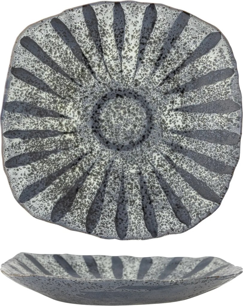 Platou de servire din ceramică, gri, model soare pictat manual, glazură reactivă, 6 x 32 cm, „Ramie”