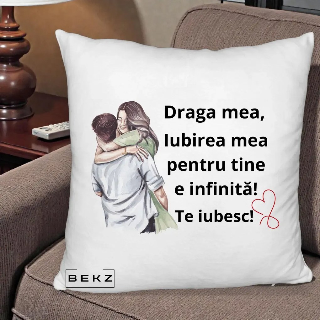 Cadou pentru Iubita - Perna Personalizata Draga Mea Iubirea Mea Infinita Te Iubesc cu Cuplu Acuarela, 40x40 cm, Alb Pufos, Husa Detasabila, Perna Inclusa, BEKZ®