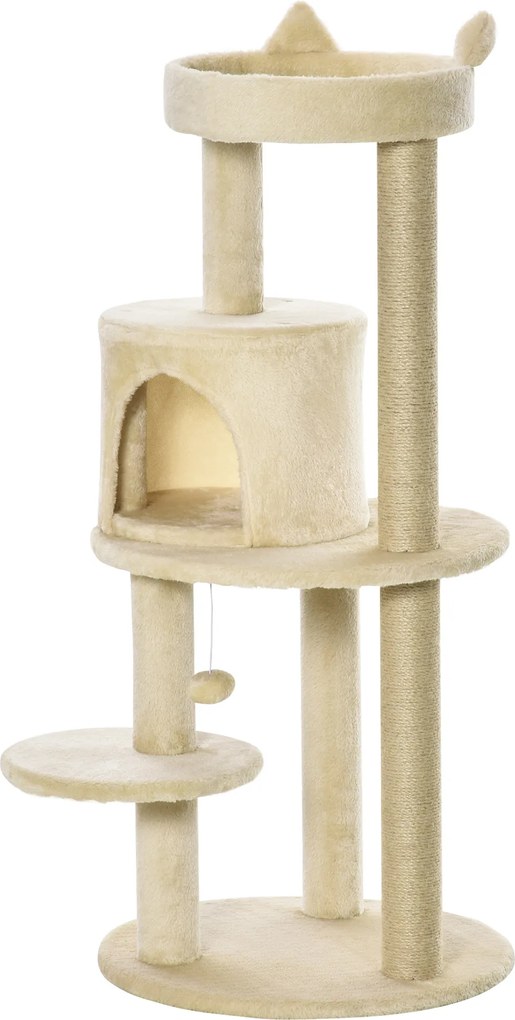 PawHut Ansamblu de Joacă pentru pisici adulte cu căsuță spațioasă și platformă, 104 cm, Crem | Aosom Romania