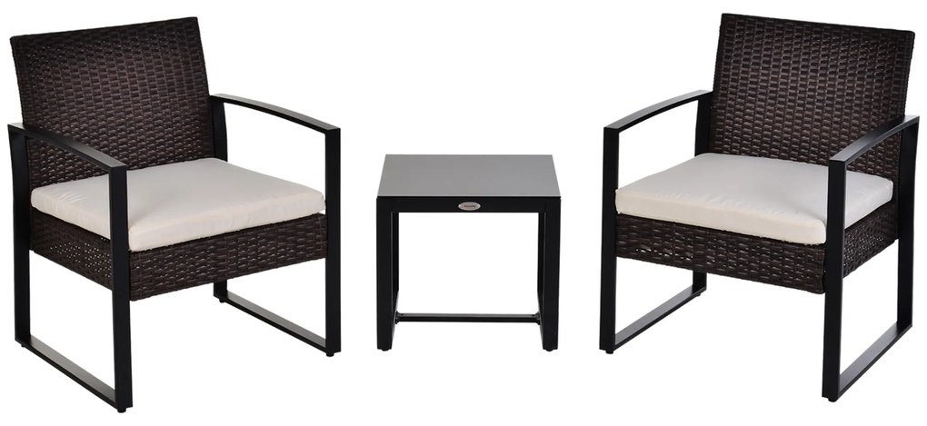 Set de mobilier de balcon Outsunny din Poliratan pentru 2 persoane, set de balcon cu perne Maro+Crem | Aosom Romania