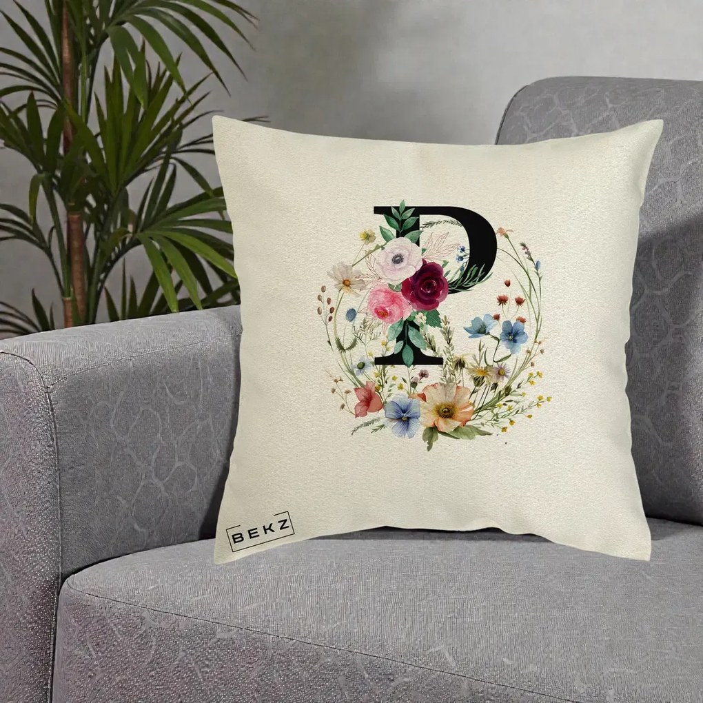 Cadou Personalizat - Perna Personalizata Monogram Litera P cu Flori Acuarela, 40x40 cm, Ecru, Husa Detasabila, Perna Inclusa, BEKZ®