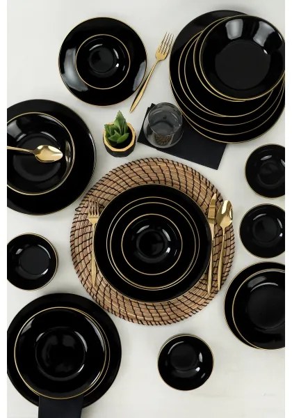Set de masă, 24 piese, negru/auriu, din ceramică de tip stoneware