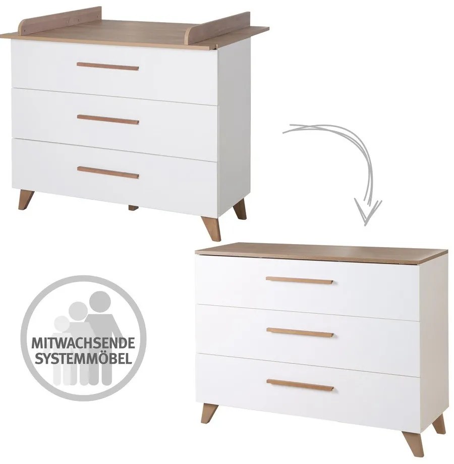 Comodă de copii albă/în culoare naturală joasă cu aspect de lemn de stejar cu masă de schimbat 110x98 cm – Roba