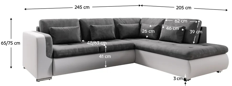 Canapea extensibilă, alb/gri, dreapta, FURUD L ROH