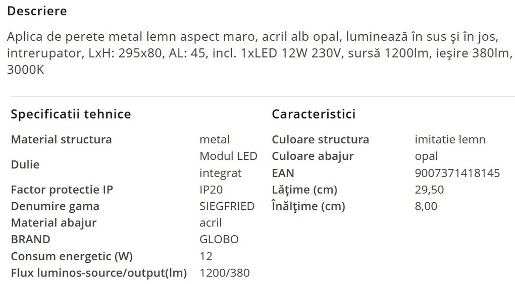 Aplica LED cu iluminat ambiental sus/jos SIEGFRIED Aplica LED cu iluminat ambiental sus/jos SIEGFRIED aspect lemn 12W