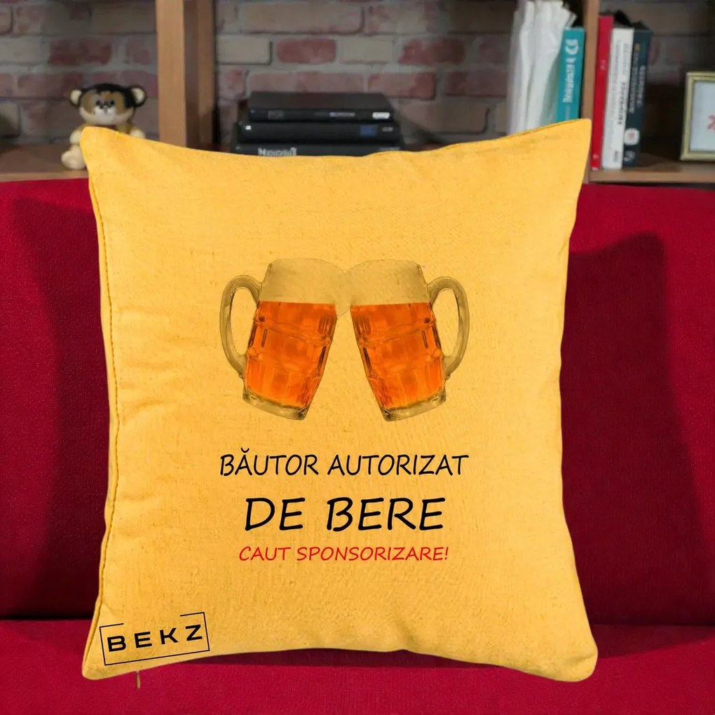 Perna Decorativa Bautor Autorizat de Bere, 40x40 cm, Galben, Husa Detasabila, Perna Inclusa, BEKZ®