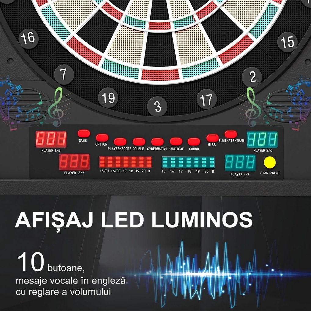 HOMCOM Tabla de Darts Electronică Profesională cu 6 Display-uri, 12 Săgeți, 27 Moduri de Joc, 51x6.5x57cm, Negru | Aosom Romania