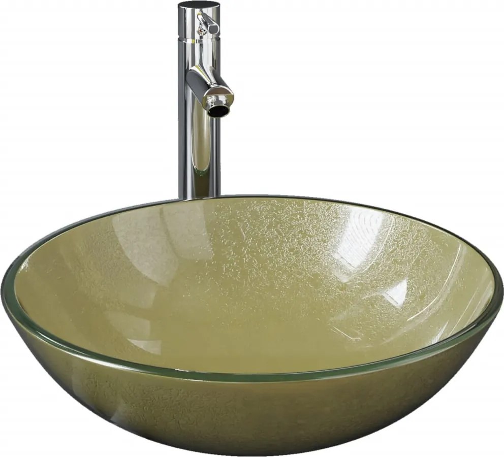 vidaXL Chiuvetă baie, robinet și scurgere tip push auriu sticlă călită