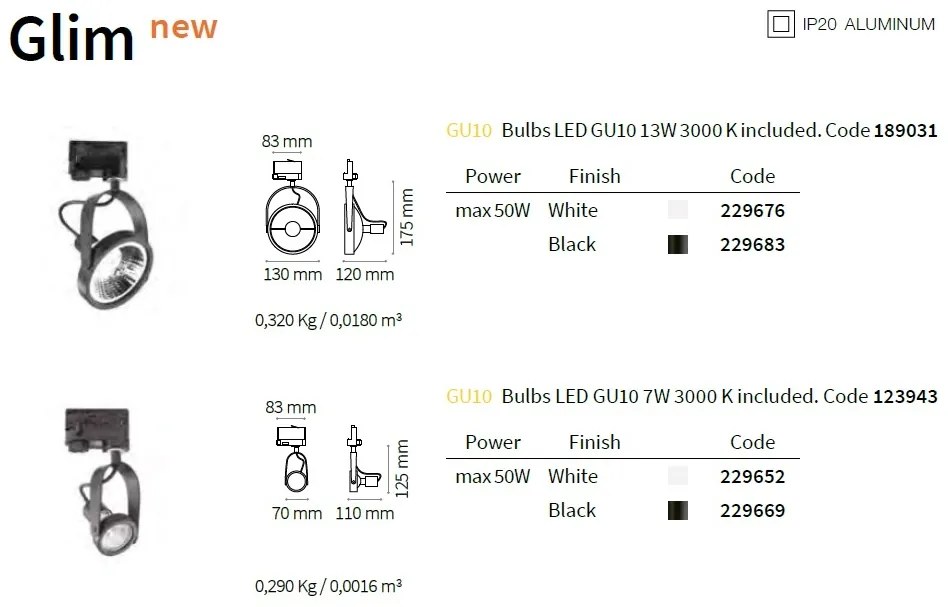 Spot directionabil pentru sina Link, GLIM TRACK BIANCO 229676 IDL
