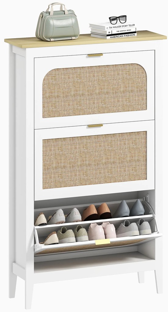 HOMCOM Dulap pentru încălțăminte 21 perechi boem cu 3 sertare rabatabile, uși cu efect cannage ratan, 80 x 24 x 131 cm, alb | Aosom Romania