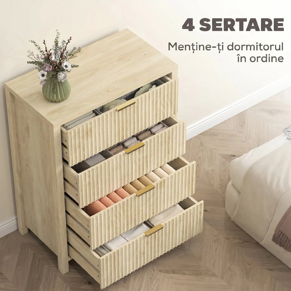 HOMCOM Comodă pentru Dormitor cu 4 Sertare Canelate, Comodă din Lemn cu Mânere Aurii, pentru Sufragerie, Sala de Mese și Hol, 70x38x93 cm, Lemn Natural | Aosom Romania