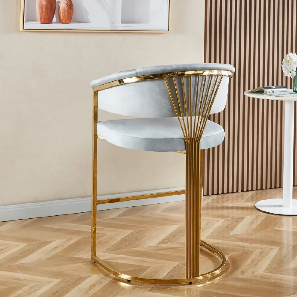 Scaun bar, cadru metalic auriu, catifea, Gri/Auriu