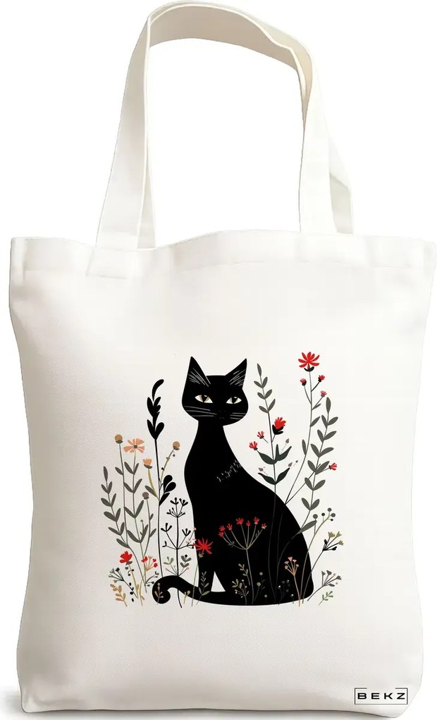 Sacosa de Panza pentru Cumparaturi, Geanta Tote, model Cat and Flowers 5, 38 x 34.5 cm, Alba, BEKZ®