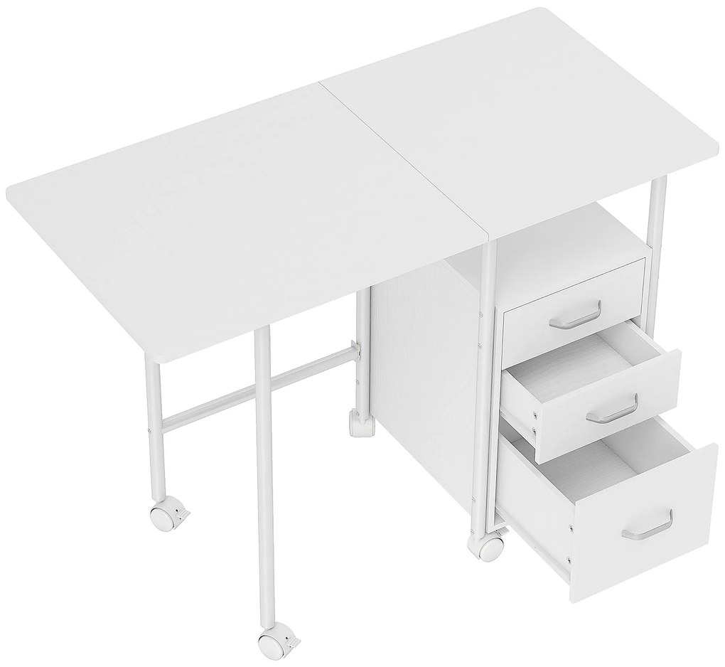 HOMCOM Birou de calculator pliabil pe roți, birou cu depozitare, 3 sertare, blat extensibil, 105x51x75,5cm, alb | Aosom Romania