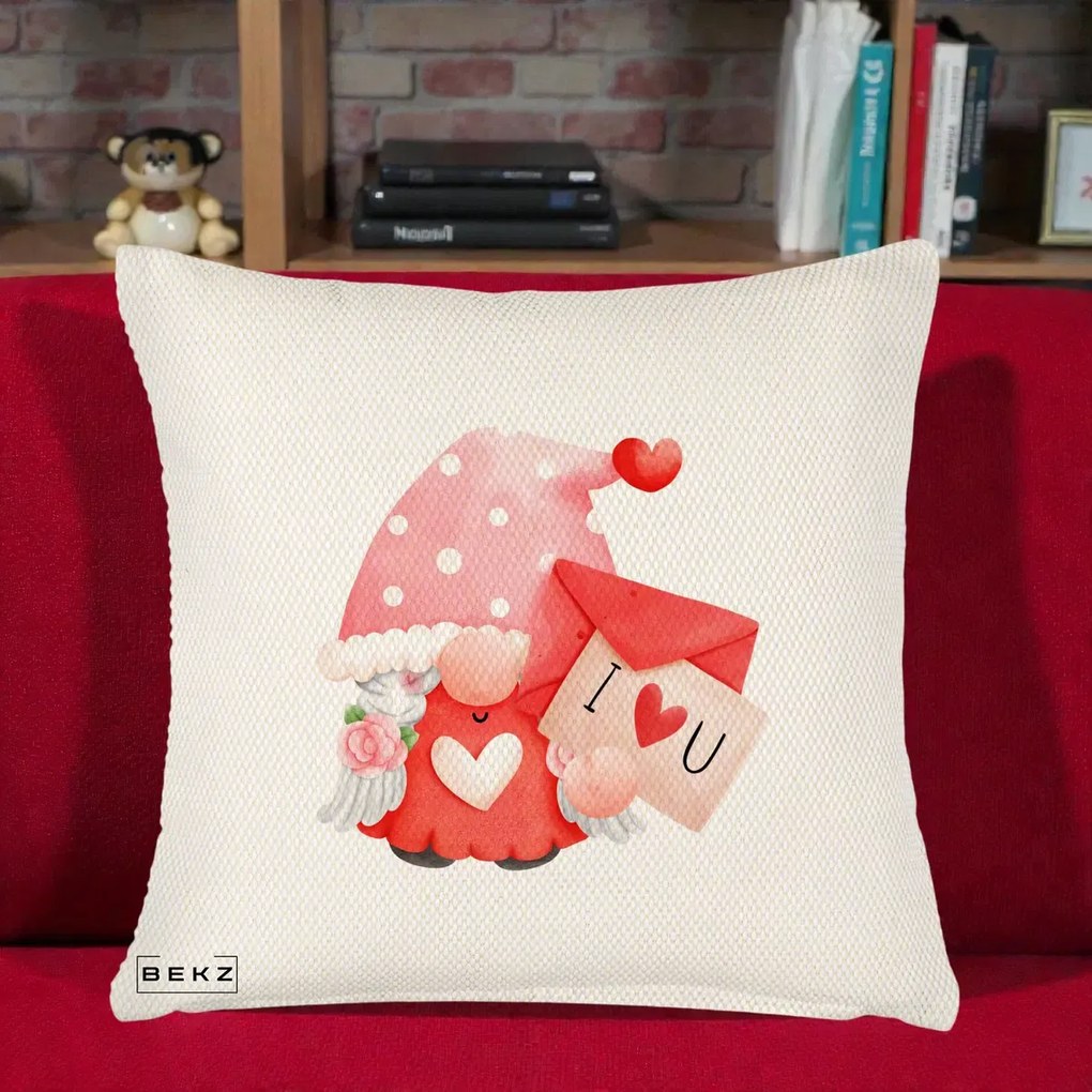 Cadou Romantic - Perna Personalizata I Love You Gnome Valentine cu Scrisoare, 40x40 cm, Crem Reliefat, Husa Detasabila, Perna Inclusa, BEKZ®