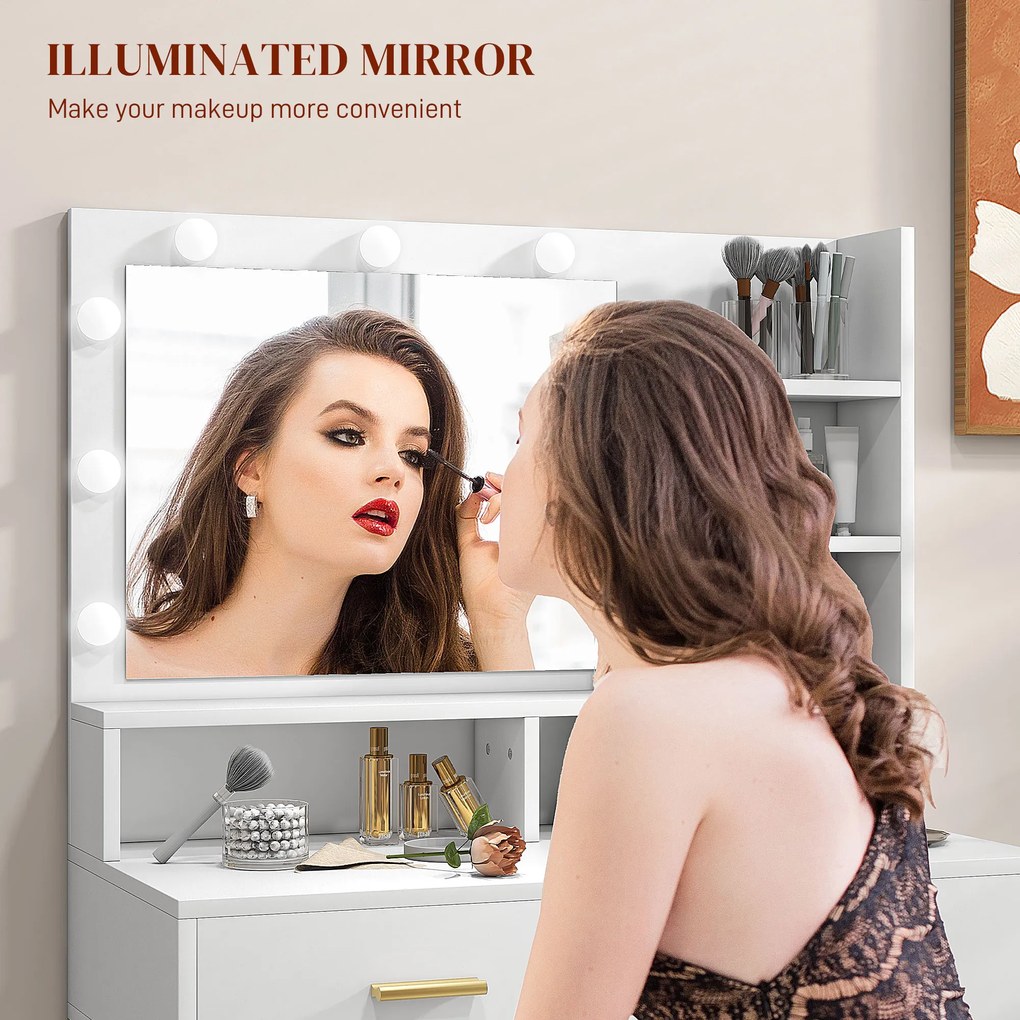 HOMCOM Masă de Machiaj cu Oglindă LED, Scaun și Rafturi, 80x40x138 cm, Alb | Aosom Romania